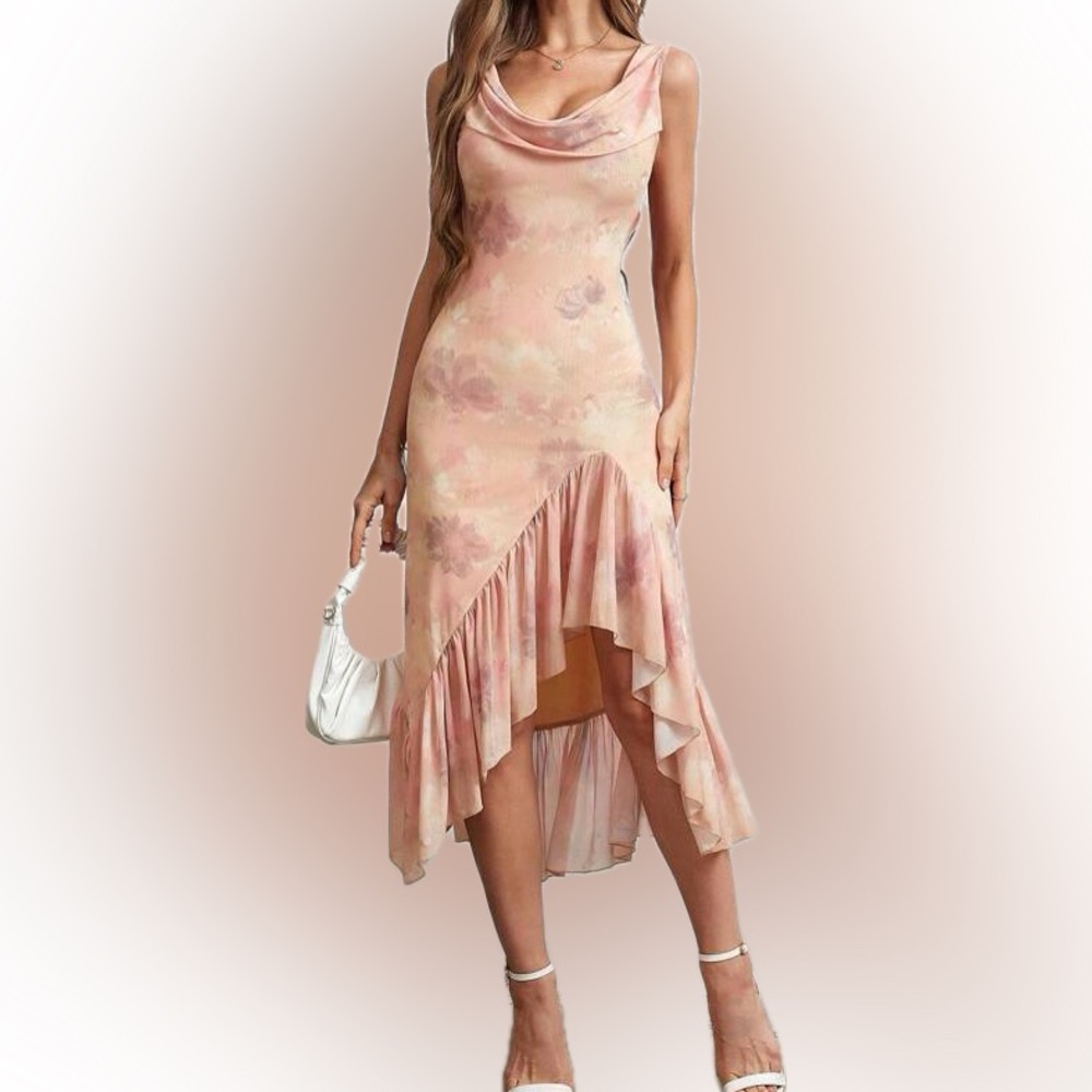 Orange fitted dress drape collar with ruffle asymmetric hem
